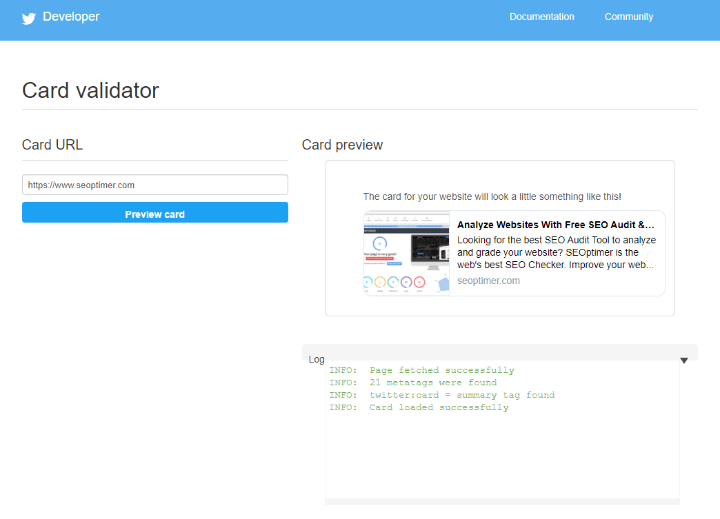 Narzędzie Twitter Card Validator